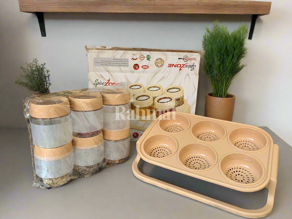 "6-Pcs Masala Rack & Spice Jar Set with Spoons – Elegant Storage for Your Kitchen"