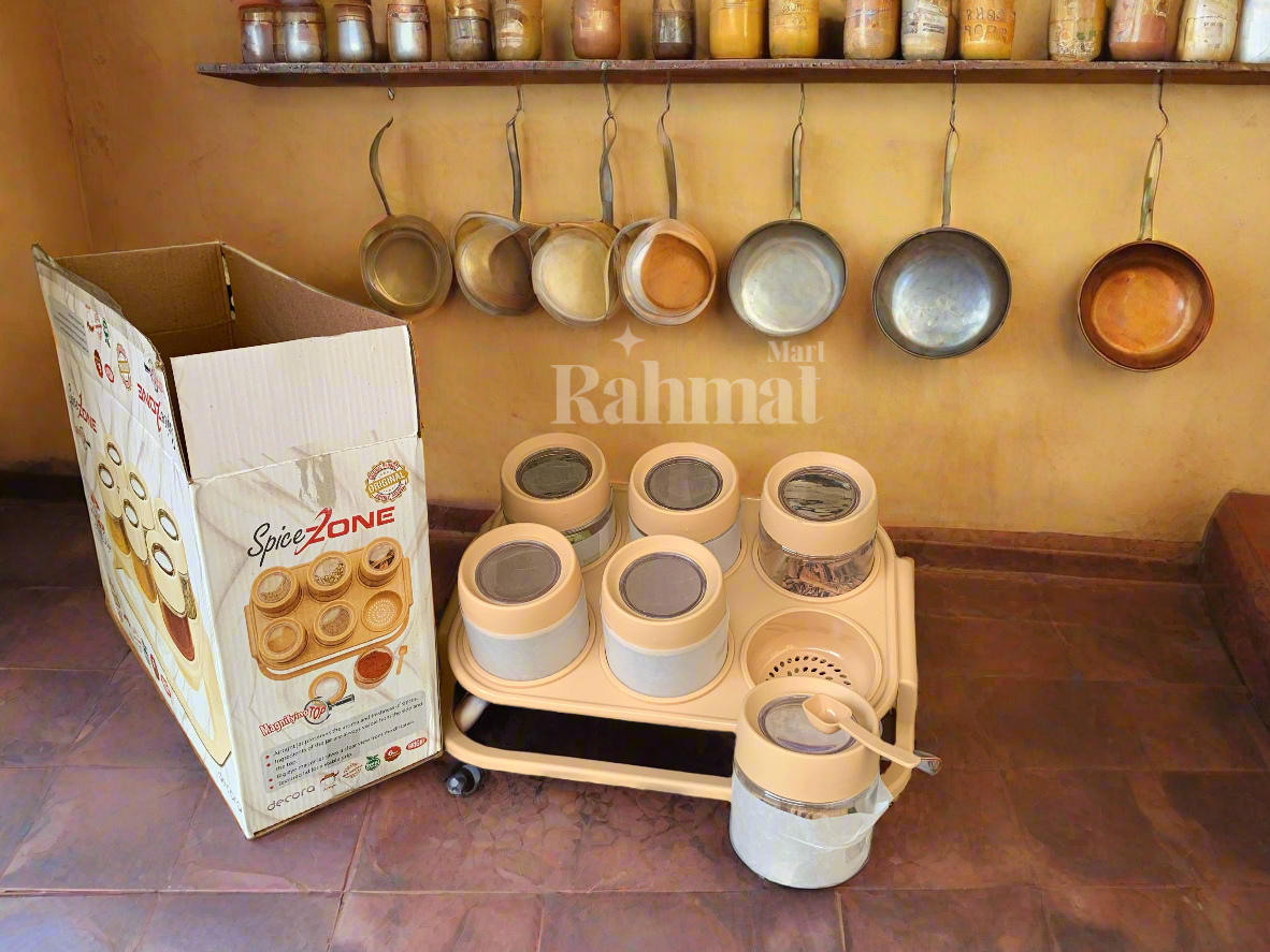 "6-Pcs Masala Rack & Spice Jar Set with Spoons – Elegant Storage for Your Kitchen"
