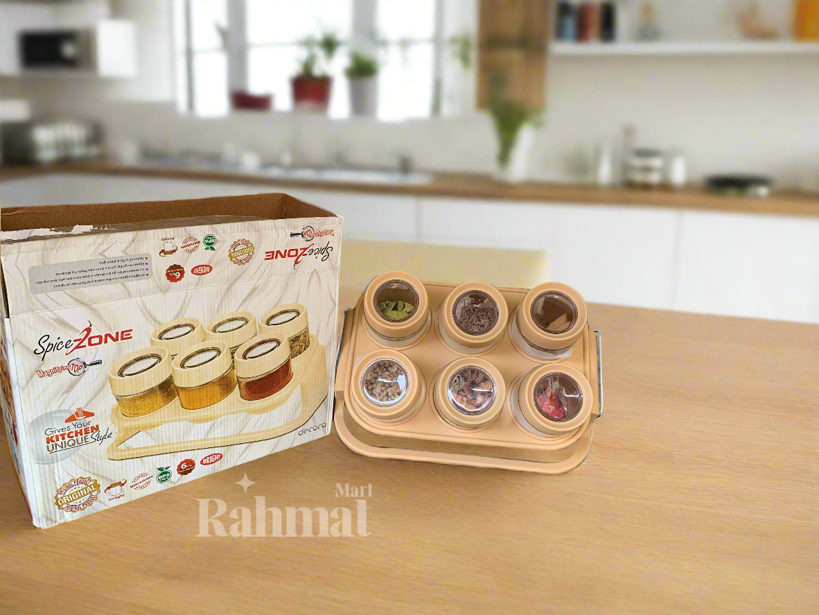 "6-Pcs Masala Rack & Spice Jar Set with Spoons – Elegant Storage for Your Kitchen"