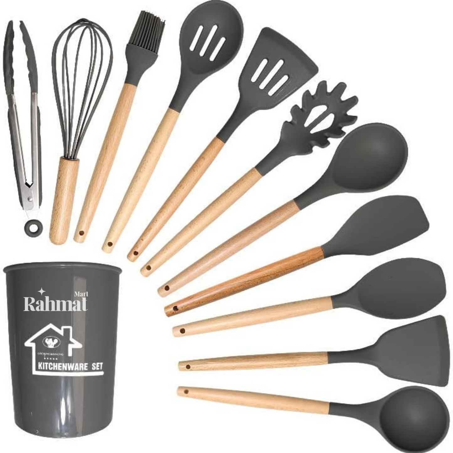 "12-Piece Silicone Cooking Utensil Set with Wooden Handles - Heat-Resistant & BPA-Free"