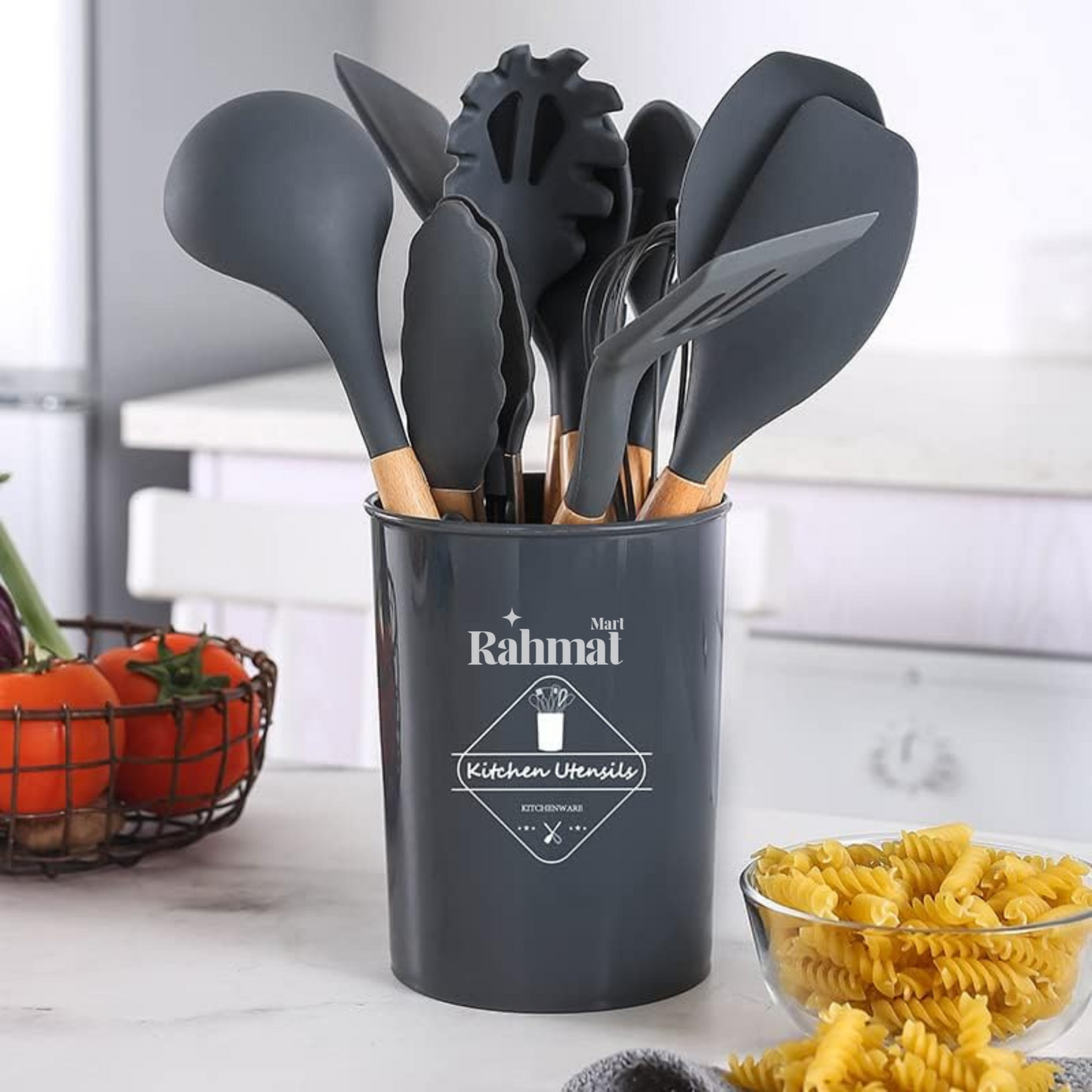 "12-Piece Silicone Cooking Utensil Set with Wooden Handles - Heat-Resistant & BPA-Free"