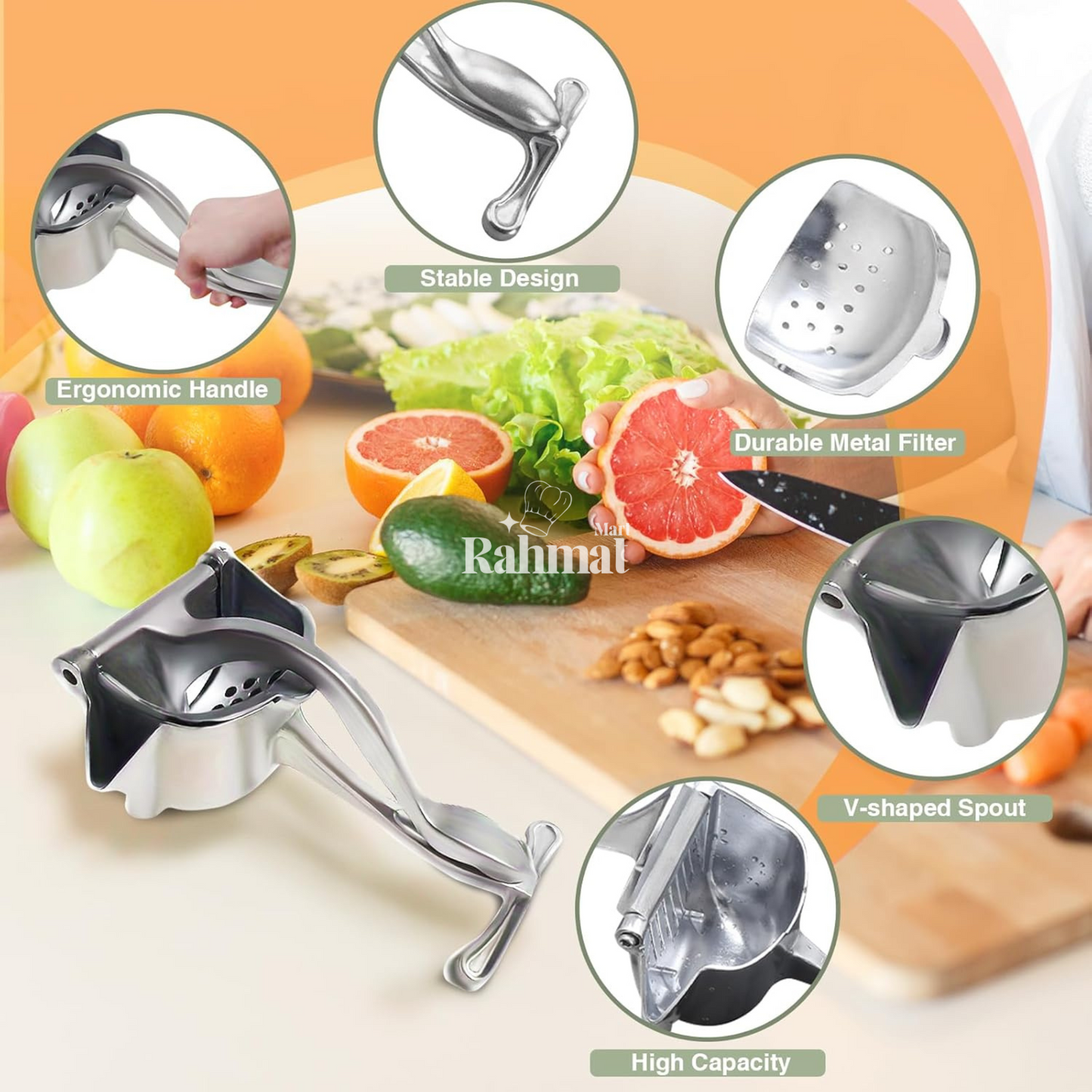 Versatile Aluminum Manual Juicer for Oranges, Grapes & Anar – Max Juice, Effortless Clean