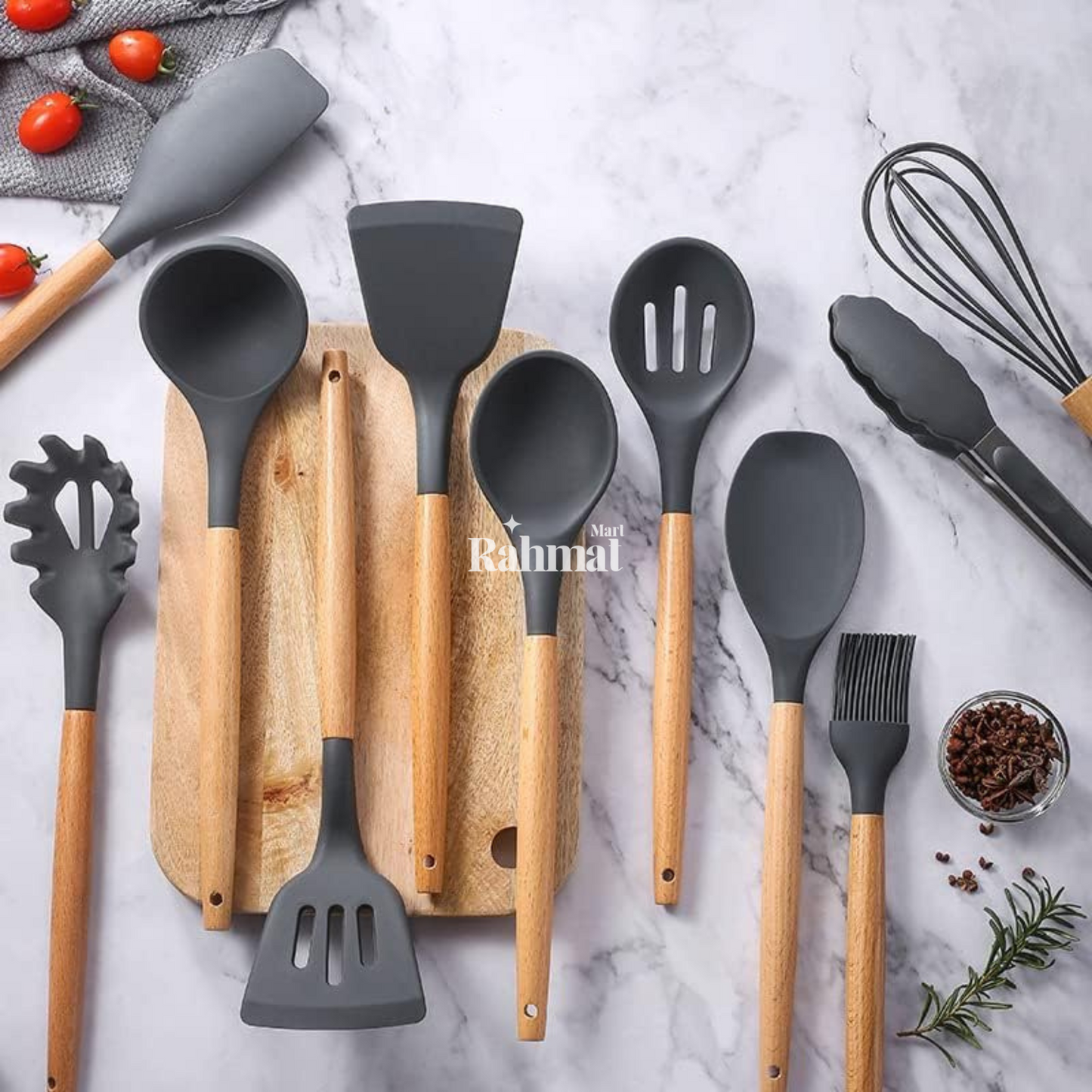 "12-Piece Silicone Cooking Utensil Set with Wooden Handles - Heat-Resistant & BPA-Free"