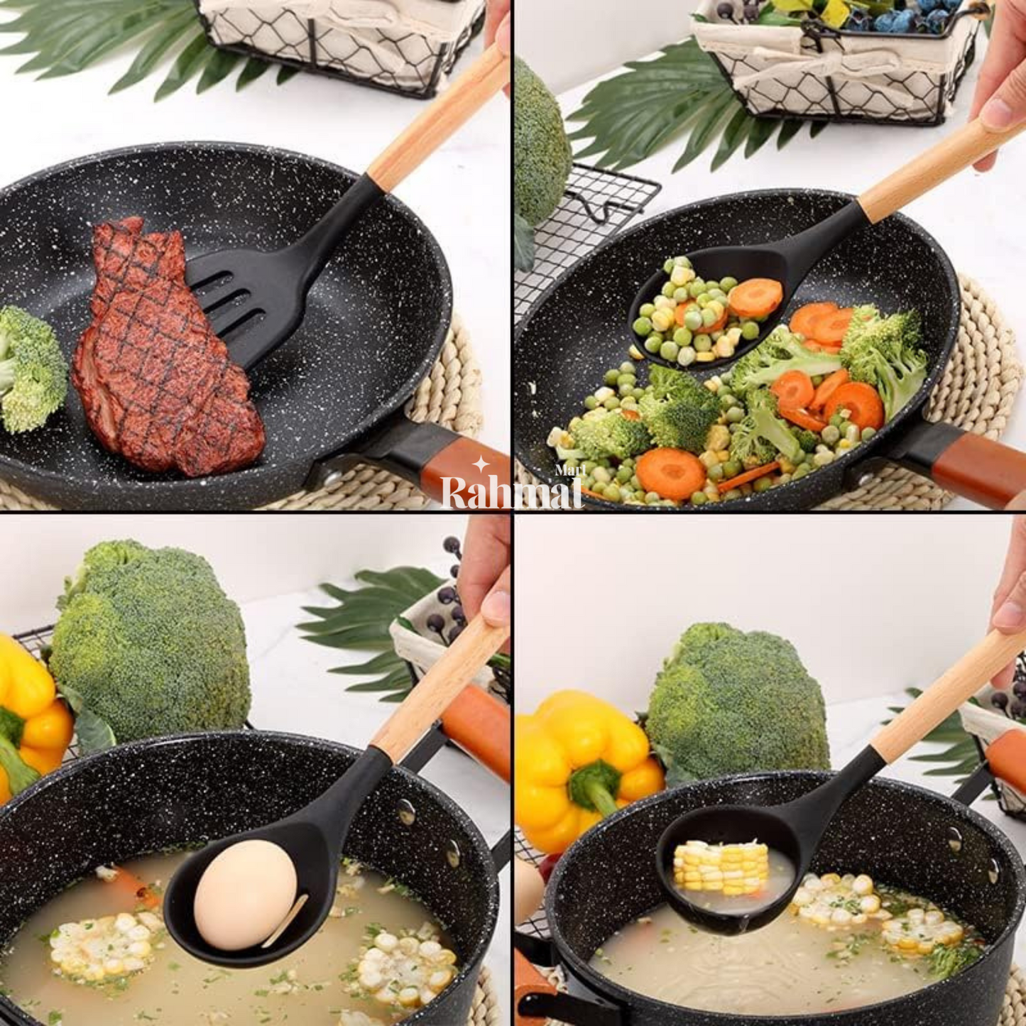 "12-Piece Silicone Cooking Utensil Set with Wooden Handles - Heat-Resistant & BPA-Free"