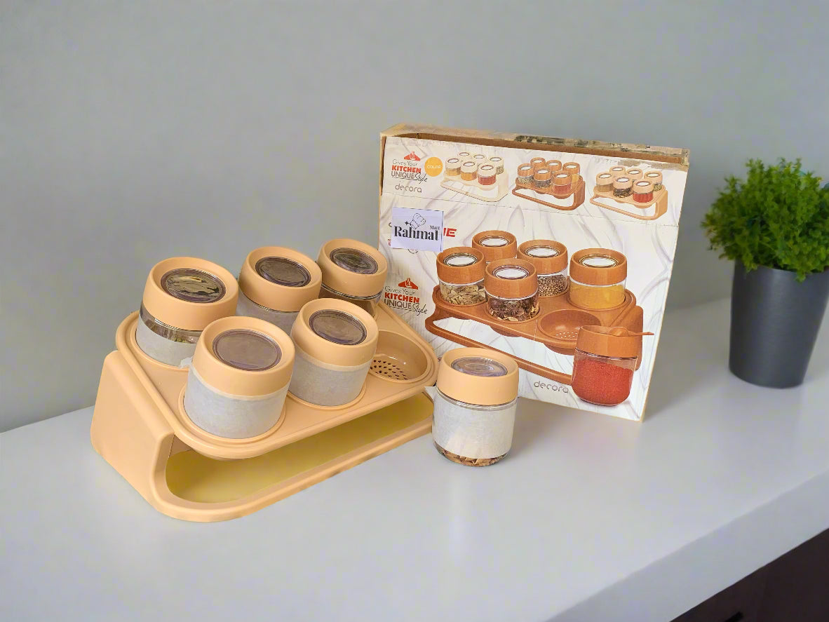 "6-Pcs Masala Rack & Spice Jar Set with Spoons – Elegant Storage for Your Kitchen"