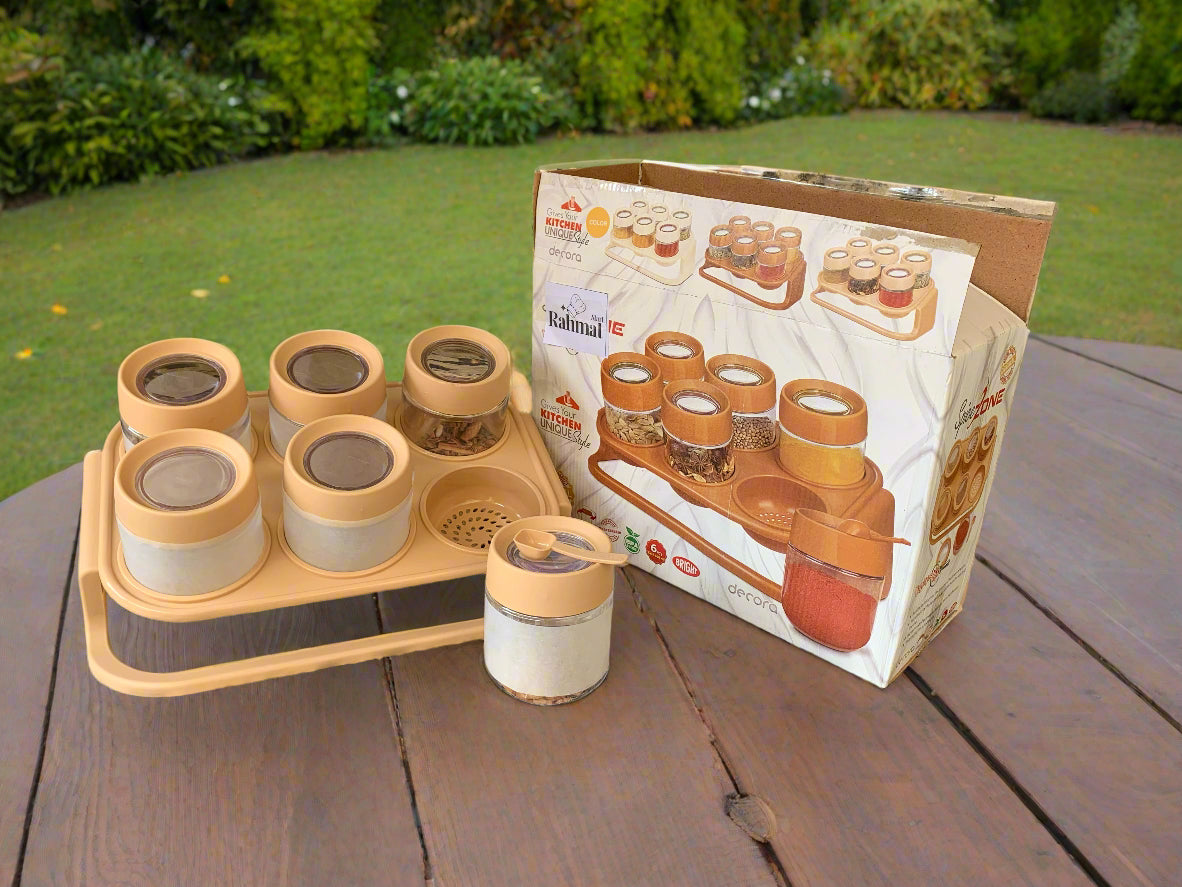 "6-Pcs Masala Rack & Spice Jar Set with Spoons – Elegant Storage for Your Kitchen"