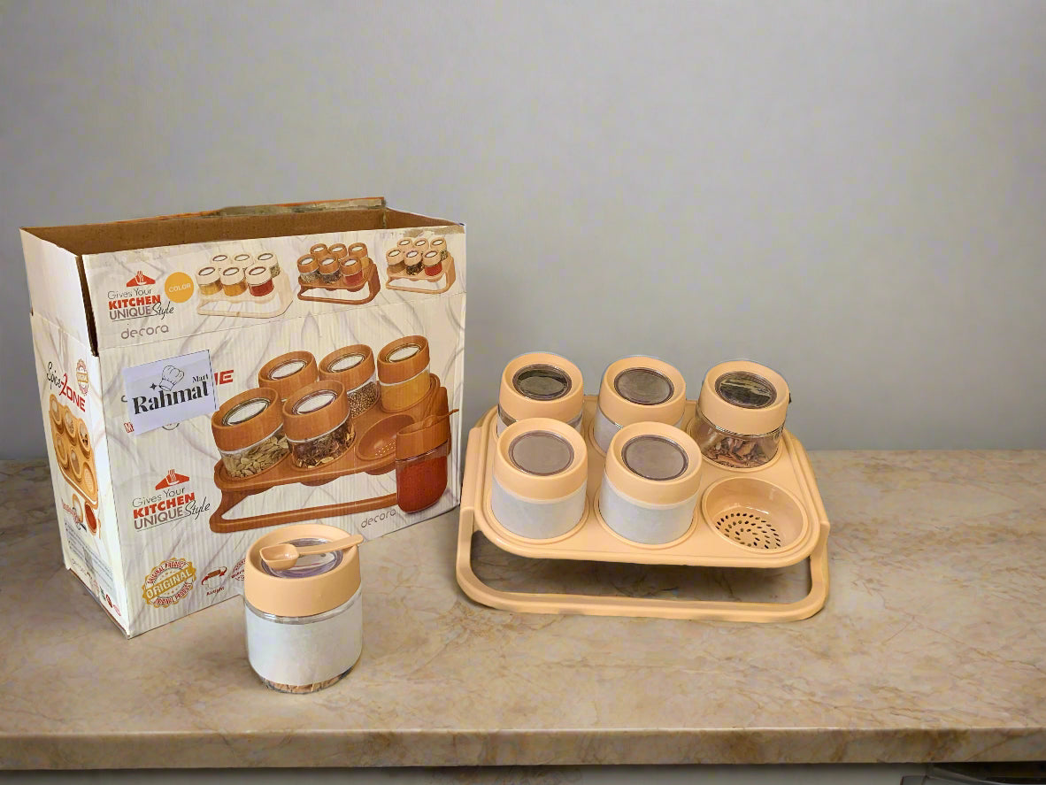 "6-Pcs Masala Rack & Spice Jar Set with Spoons – Elegant Storage for Your Kitchen"