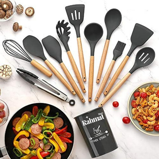 "12-Piece Silicone Cooking Utensil Set with Wooden Handles - Heat-Resistant & BPA-Free"